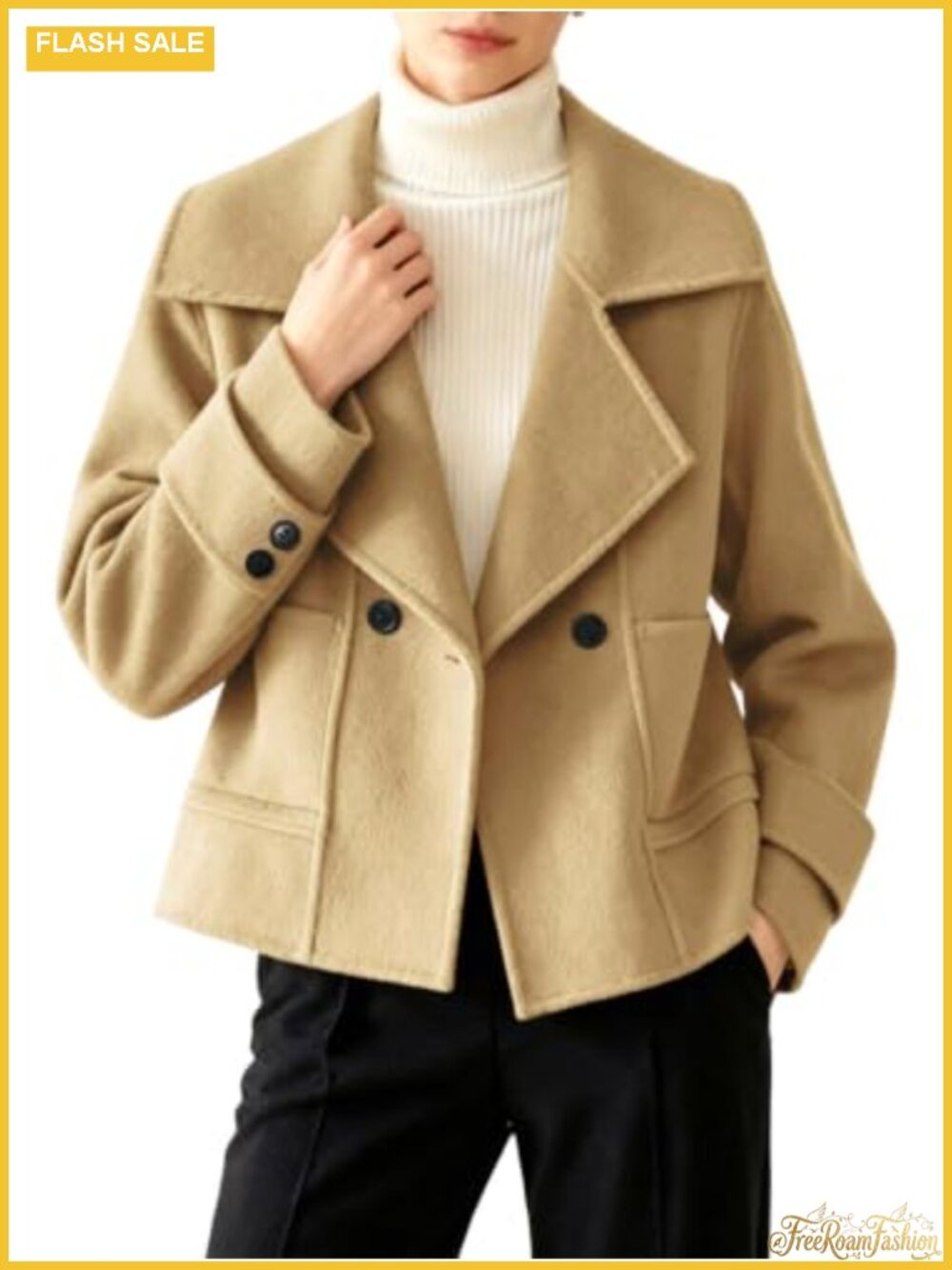 Women's Cropped Peacoat Wool Blend Notched Lapel Double-Breasted Short Coat